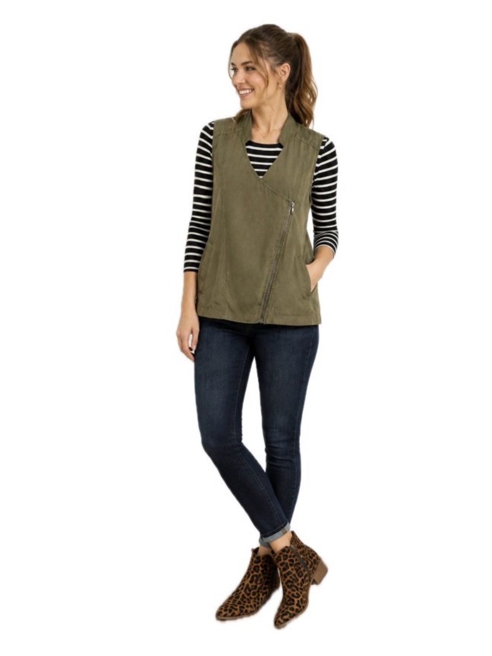 NY & Co Olive Green , Utility Vest Asymmetrical Zip, Size XL